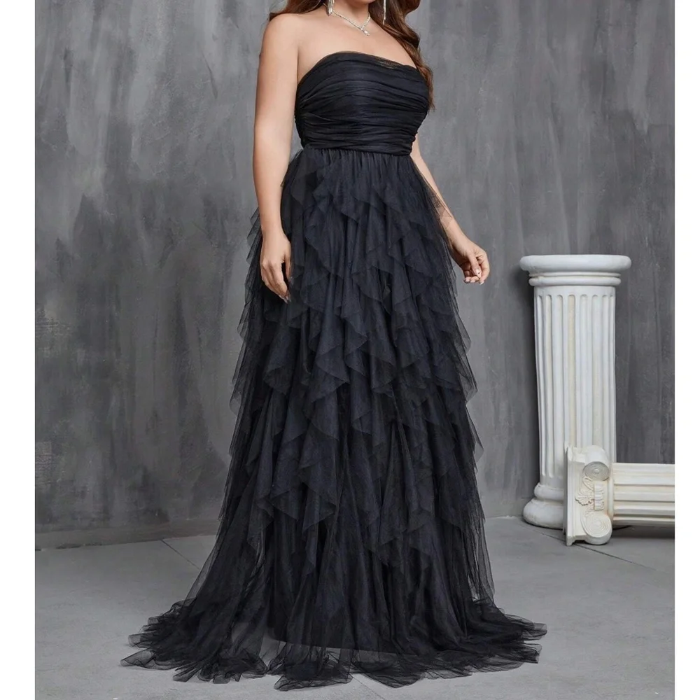 Plus Black Mesh Layered Party Wedding Formal Maxi Dress - Picture 4 of 6